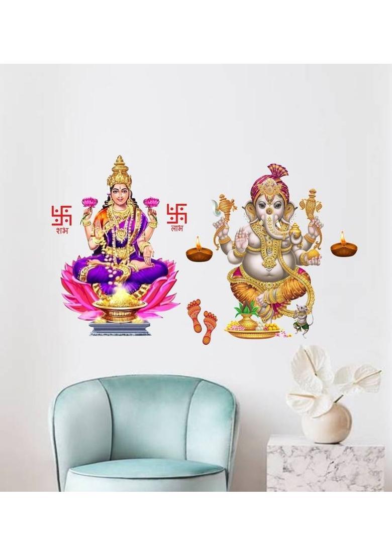 Decor Villa 50 cm 3D Laxmi and Ganeshji JUST Peel & Stick Trendy for Living Room,Prayer Room etc Self Adhesive Sticker  (Pack of 1) - Indya