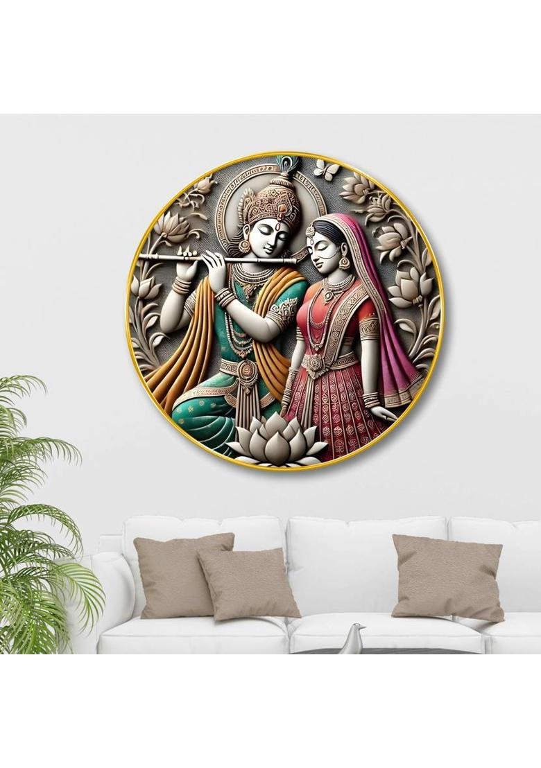 saf Radha Krishna 3D Round Wall Art for Home, Living Room & Spiritual Decor Digital Reprint 20 inch x 20 inch Painting  (With Frame) - Indya