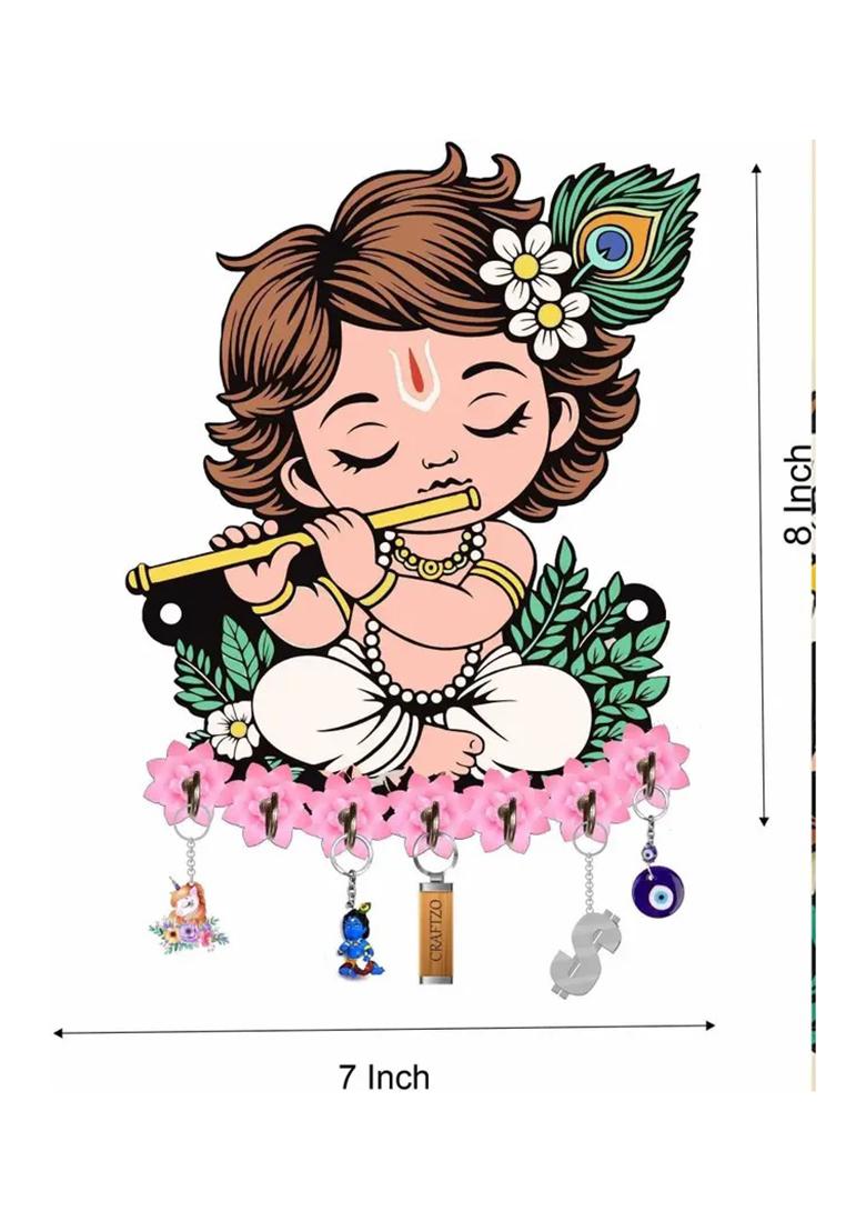 HALRE Krishna Wall Hanging Key Holder | Baby Krishna Flute Design Wood Key Holder  (7 Hooks, Multicolor) - Indya