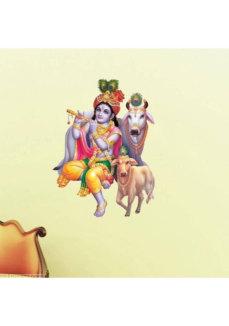 Decor Villa 50 cm 3D Krishna with Cow JUST Peel & Stick Trendy for Living Room Prayer Room etc Self Adhesive Sticker  (Pack of 1) - Indya