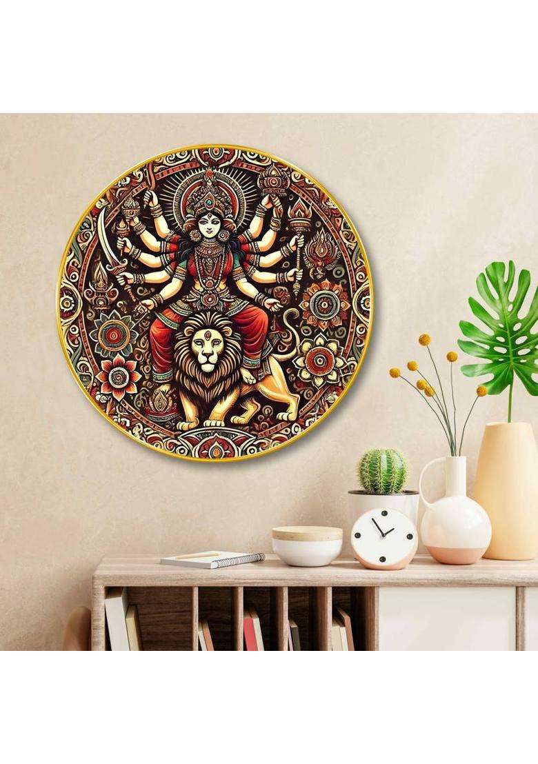 saf Maa Durga 3D Round Wall Art for Home Temple & Spiritual Decor Digital Reprint 23 inch x 23 inch Painting  (With Frame) - Indya