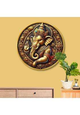 saf Golden Lord Ganesha 3D Round Wall Art for Home & Spiritual Decor Digital Reprint 23 inch x 23 inch Painting  (With Frame)