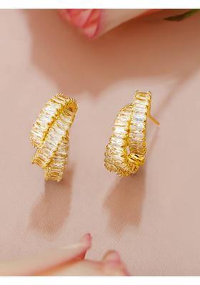 18K Gold-Plated White Cubic Zirconia Studded Textured Hoop Earrings Brass Stud Earring