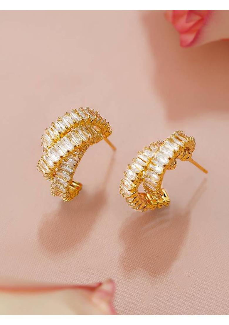 18K Gold-Plated White Cubic Zirconia Studded Textured Hoop Earrings Brass Stud Earring - Indya