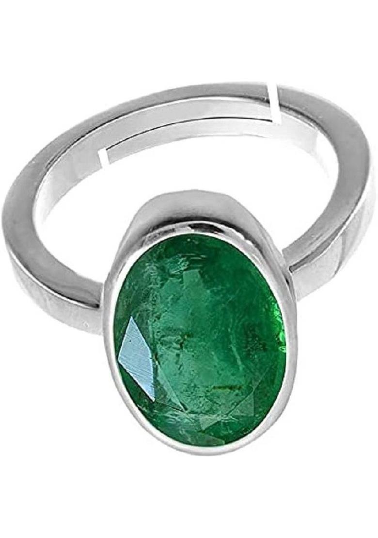 7.25 Ratti 6.65 Carat AAA+ Quality Natural Natural Emerald Panna Lab - Certified Brass Emerald Silver Plated Ring - Indya