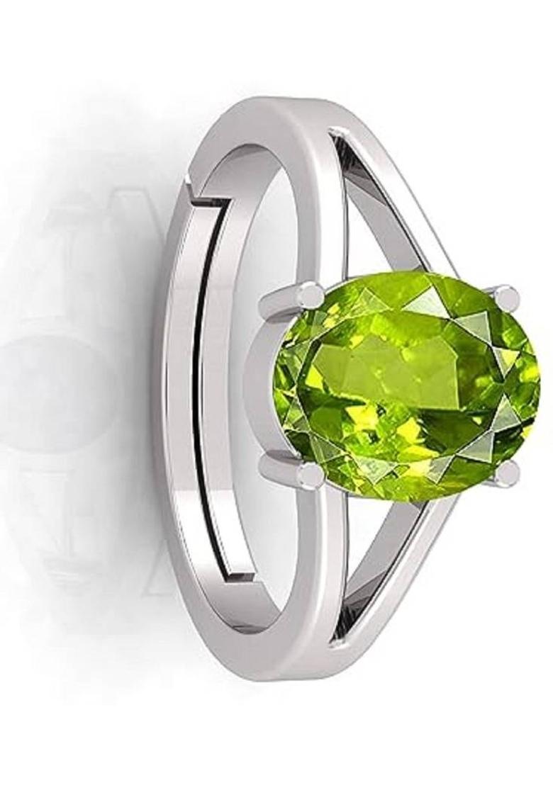 11.25 Ratti 10.25 Carat Certified Natural Green Peridot Gemstone Ring/Anguthi Brass Peridot Silver Plated Ring - Indya