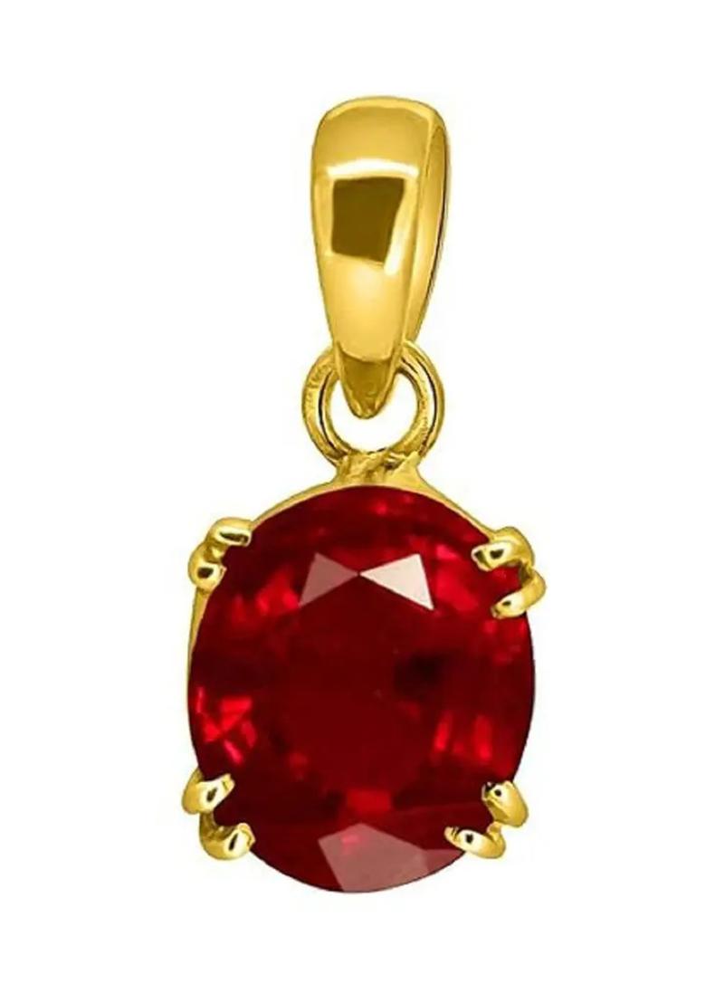 MARATNA 7.25 Ratti Ruby Manik Pendant/Locket Gemstone by Lab Certified for Men & Women Ruby Brass - Indya