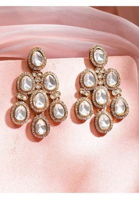 22K Gold-Plated White Oval Stone & Cubic Zirconia Studded Chandelier Earrings Brass Chandbali Earring