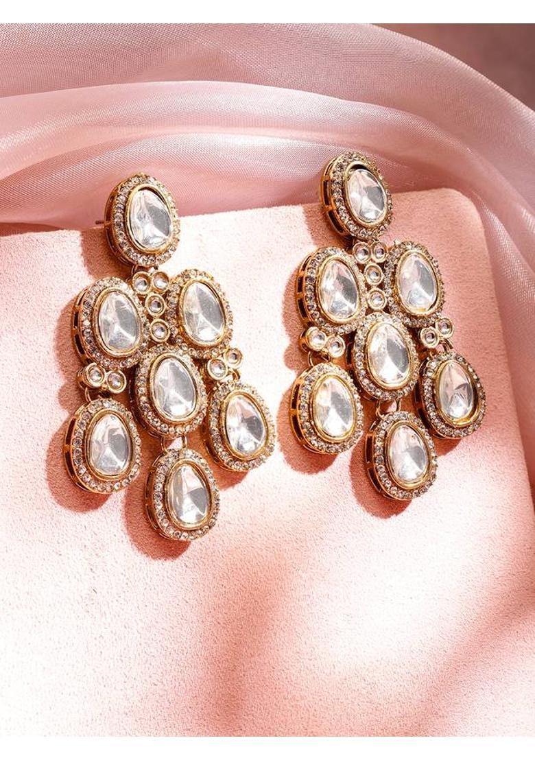 22K Gold-Plated White Oval Stone & Cubic Zirconia Studded Chandelier Earrings Brass Chandbali Earring - Indya