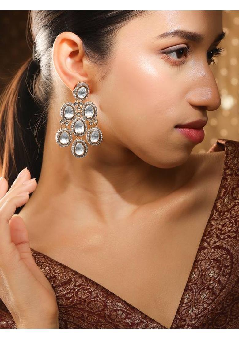 22K Gold-Plated White Oval Stone & Cubic Zirconia Studded Chandelier Earrings Brass Chandbali Earring - Indya