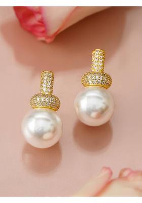 18K Gold-Plated White Pearl Drop Minimal Earrings with Cubic Zirconia Brass Drops & Danglers