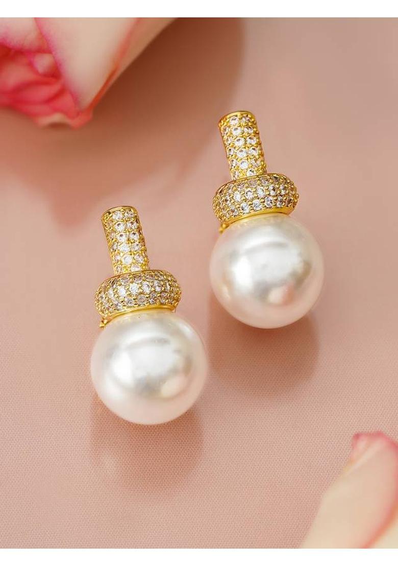 18K Gold-Plated White Pearl Drop Minimal Earrings with Cubic Zirconia Brass Drops & Danglers - Indya