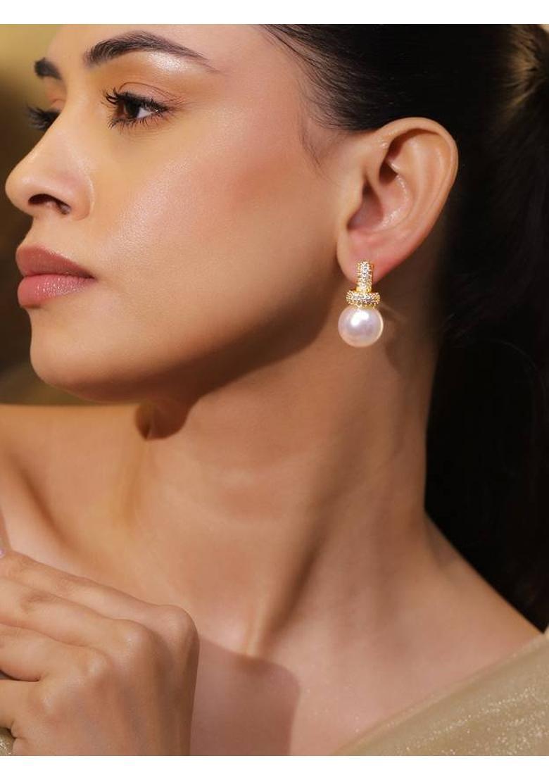 18K Gold-Plated White Pearl Drop Minimal Earrings with Cubic Zirconia Brass Drops & Danglers - Indya