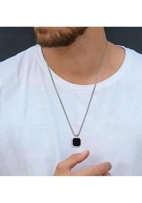 Classic Black Amulet Octagon Hexagon Square Locket Pendant Silver Plated Alloy Chain