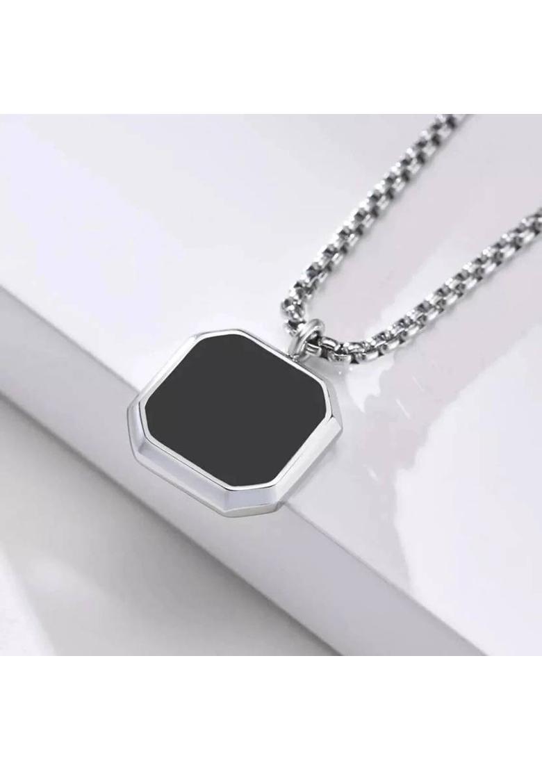 Classic Black Amulet Octagon Hexagon Square Locket Pendant Silver Plated Alloy Chain - Indya