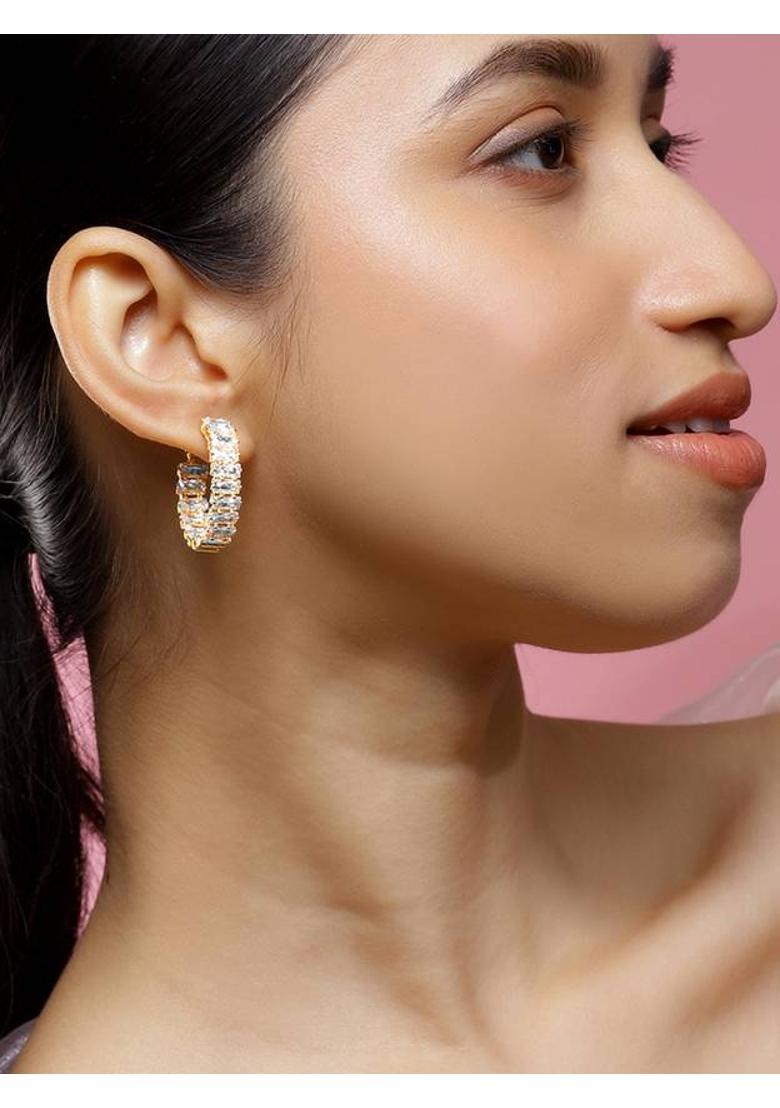 Rubans 22K Gold-Plated White Baguette Cubic Zirconia Studded Hoop Earrings Brass Hoop Earring - Indya