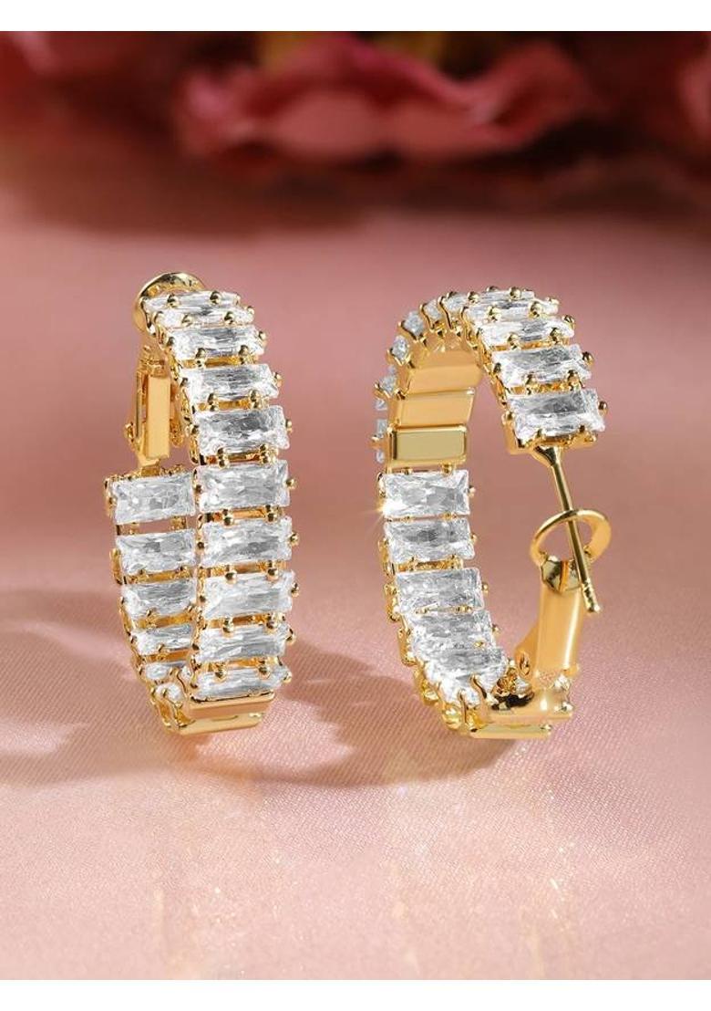 Rubans 22K Gold-Plated White Baguette Cubic Zirconia Studded Hoop Earrings Brass Hoop Earring - Indya