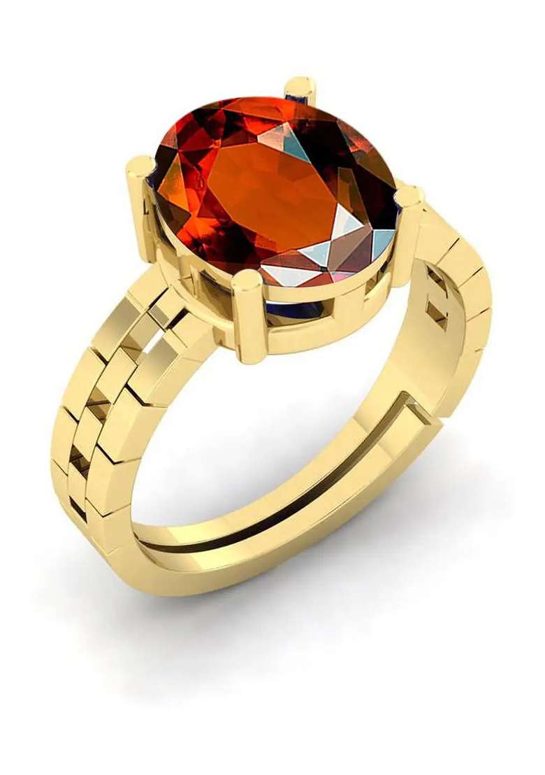 Gomed Stone Ashtadhatu Gemstone 9.25 Ratti Rashi Ratna Adjustable Ring Brass Garnet Rhodium Plated Ring - Indya