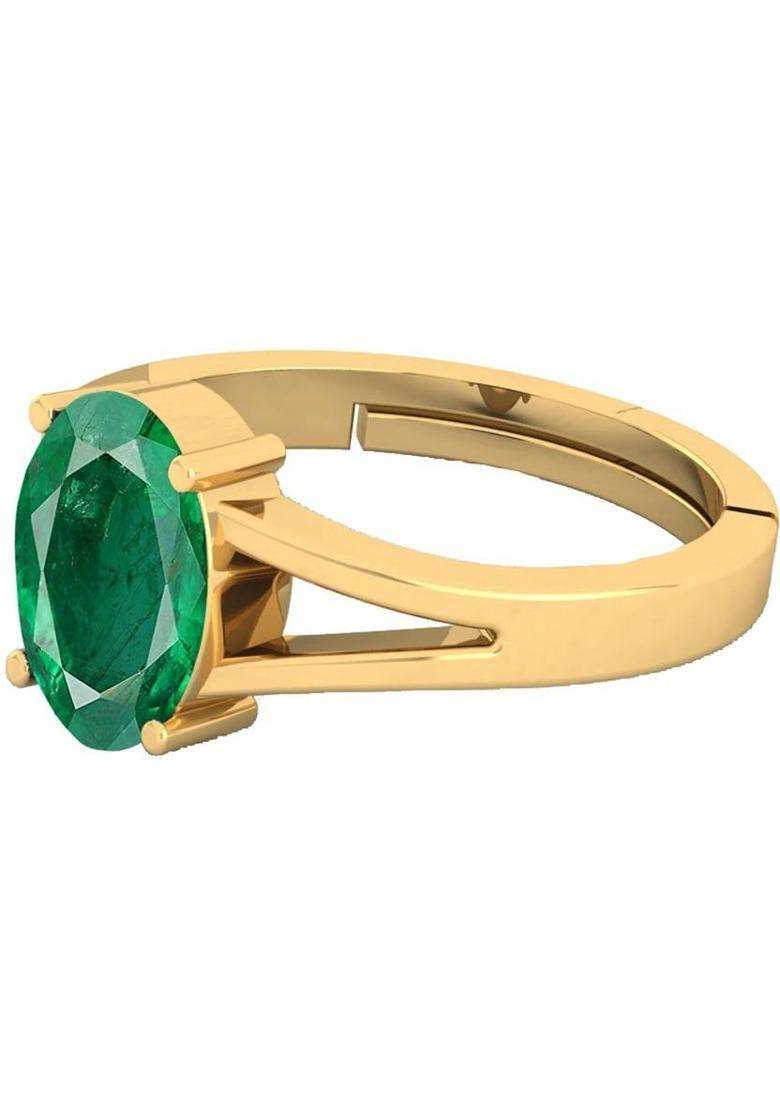 7.25 Ratti Green Emerald Panna Ring Panchdhatu With Lab Certified Adjustable Stone, Brass Emerald Ring - Indya