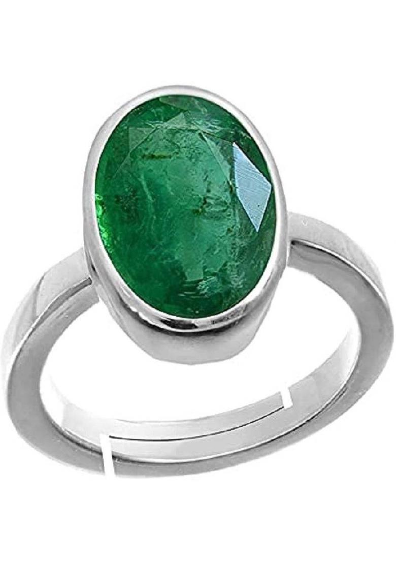 9.25 Ratti 8.85 Carat Natural AA++ Quality Emerald Panna Gemstone Brass Emerald Silver Plated Ring - Indya
