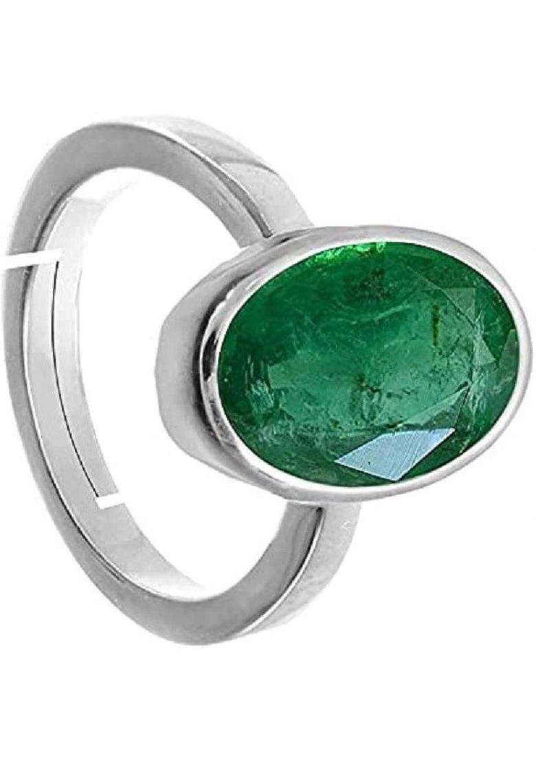 9.25 Ratti 8.85 Carat Natural AA++ Quality Emerald Panna Gemstone Brass Emerald Silver Plated Ring - Indya