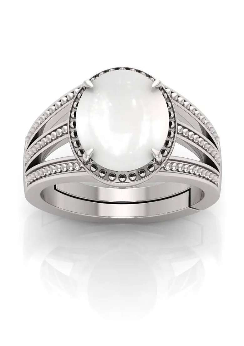 Natural 12.25 Ratti MoonStone Gemstone Adjustable Ring With Lab Certificate Brass Moonstone Silver Plated Ring - Indya