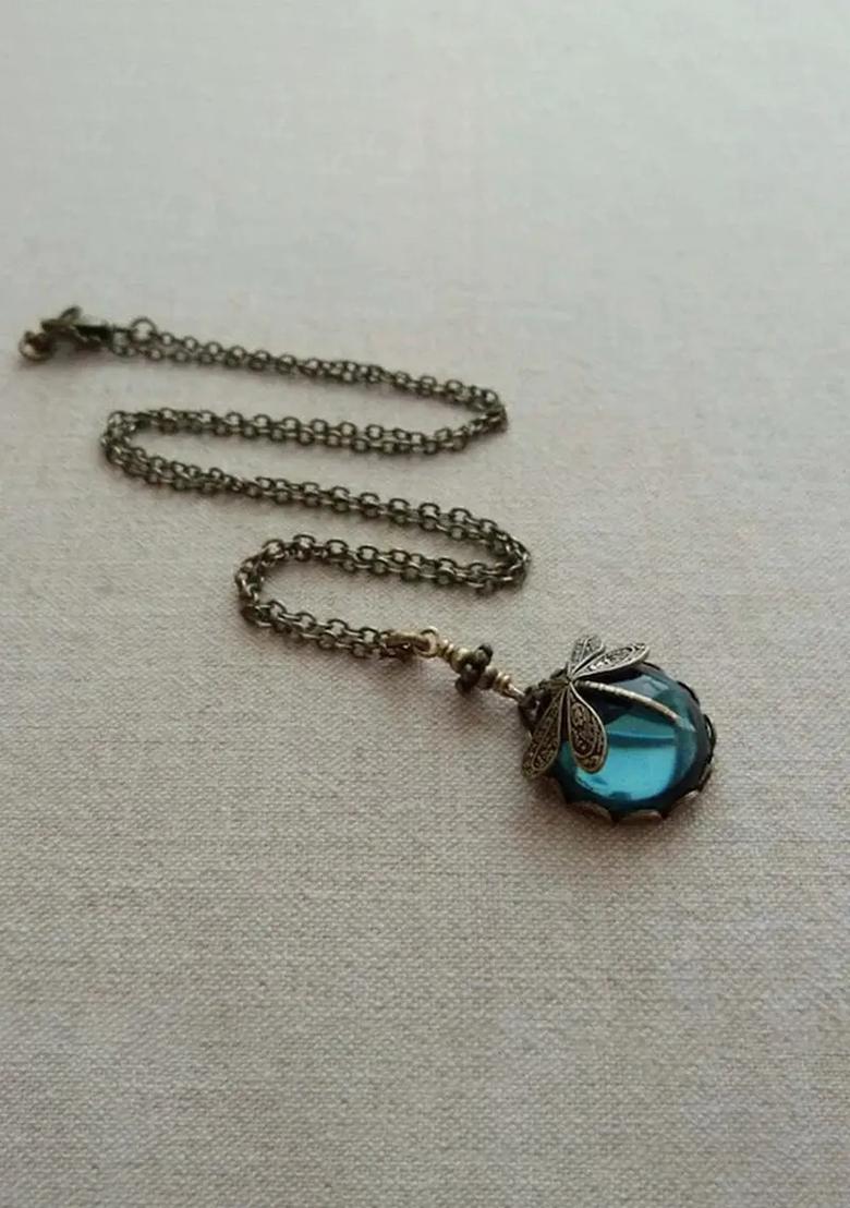 Dragonfly Pendant Necklace with Blue Gemstone jltn0662 Alloy Chain - Indya