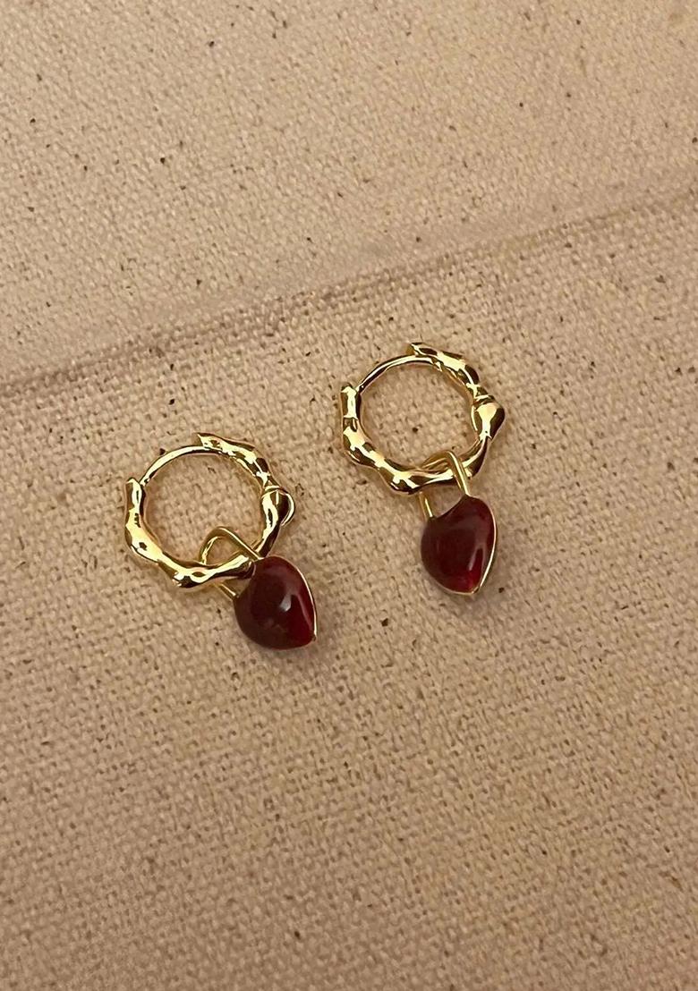 Gold Textured Hoop Earrings with Deep Red Gemstone Charm jlt11757 Alloy Hoop Earring - Indya