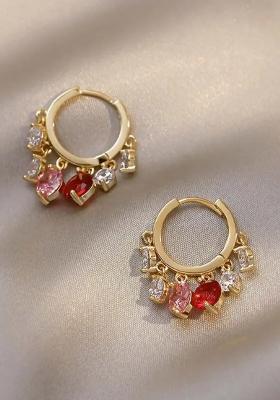 Gold Hoop Earrings with Pink and Red Gemstone Charms jlt11534 Alloy Hoop Earring