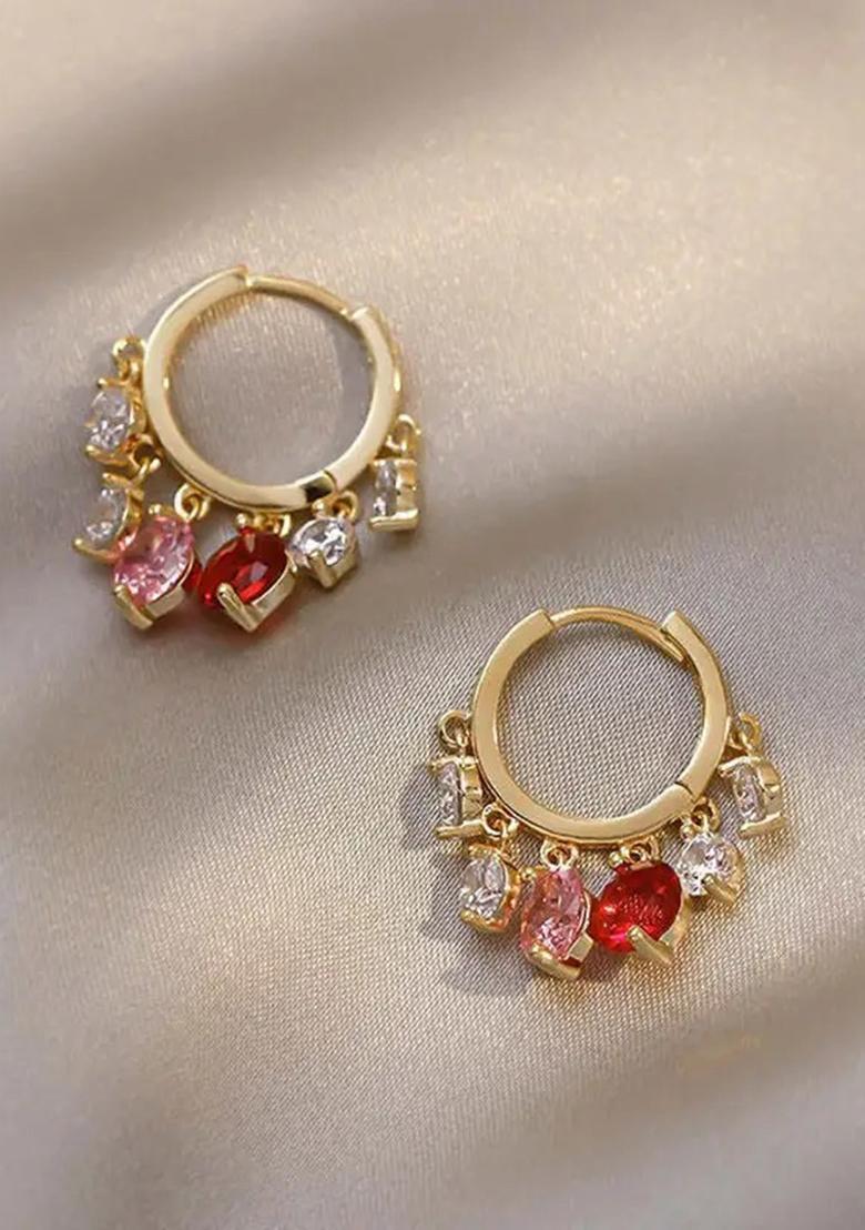 Gold Hoop Earrings with Pink and Red Gemstone Charms jlt11534 Alloy Hoop Earring - Indya