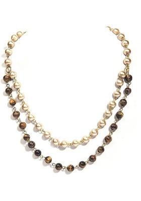 Genuine Brown Tiger Eye Gemstone Shell Pearl Layered Gold-plated Plated Stone Necklace