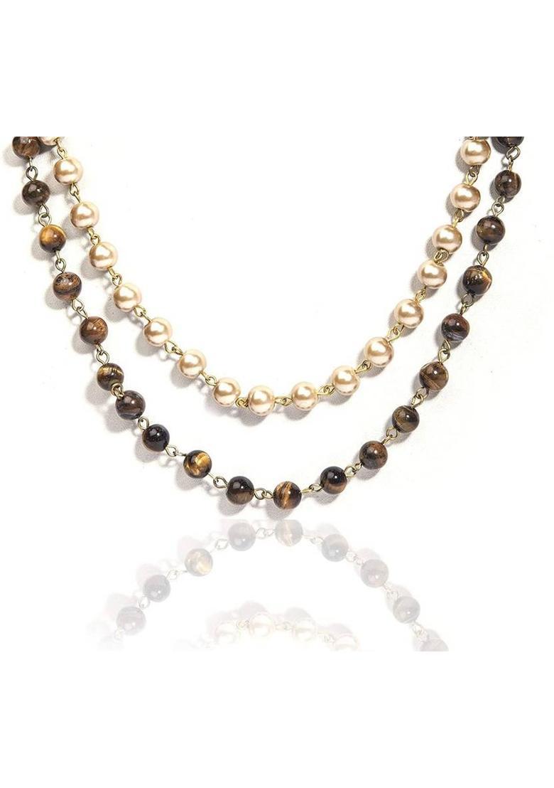 Genuine Brown Tiger Eye Gemstone Shell Pearl Layered Gold-plated Plated Stone Necklace - Indya