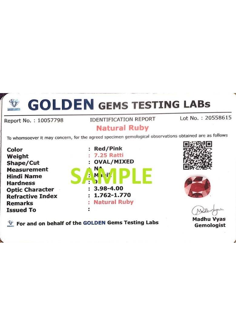 Burma Ruby Manik Gemstone 11.25 Ratti with Lab Report & Guarantee Certificate Stone Ruby Ring - Indya