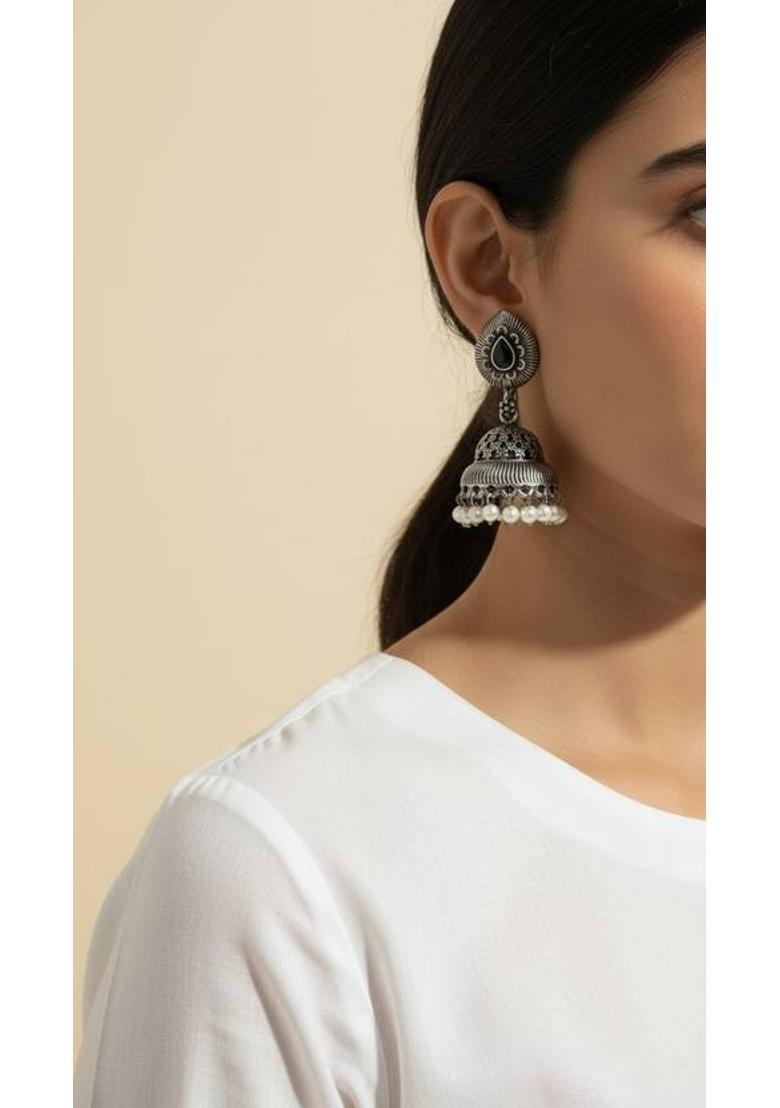 Ethnic Afghani Style Oxidised Jhumki Earrings with Black Gem and Pearls Cubic Zirconia Alloy Jhumki Earring, Hoop Earring, Drops & Danglers - Indya