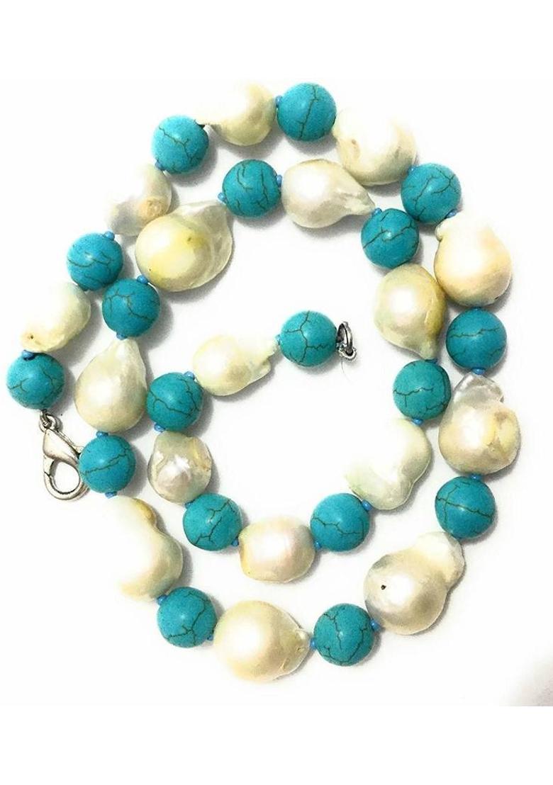 Gemstone Baroque Pearl And Turquoise Necklace Mala Pearl Crystal Necklace - Indya