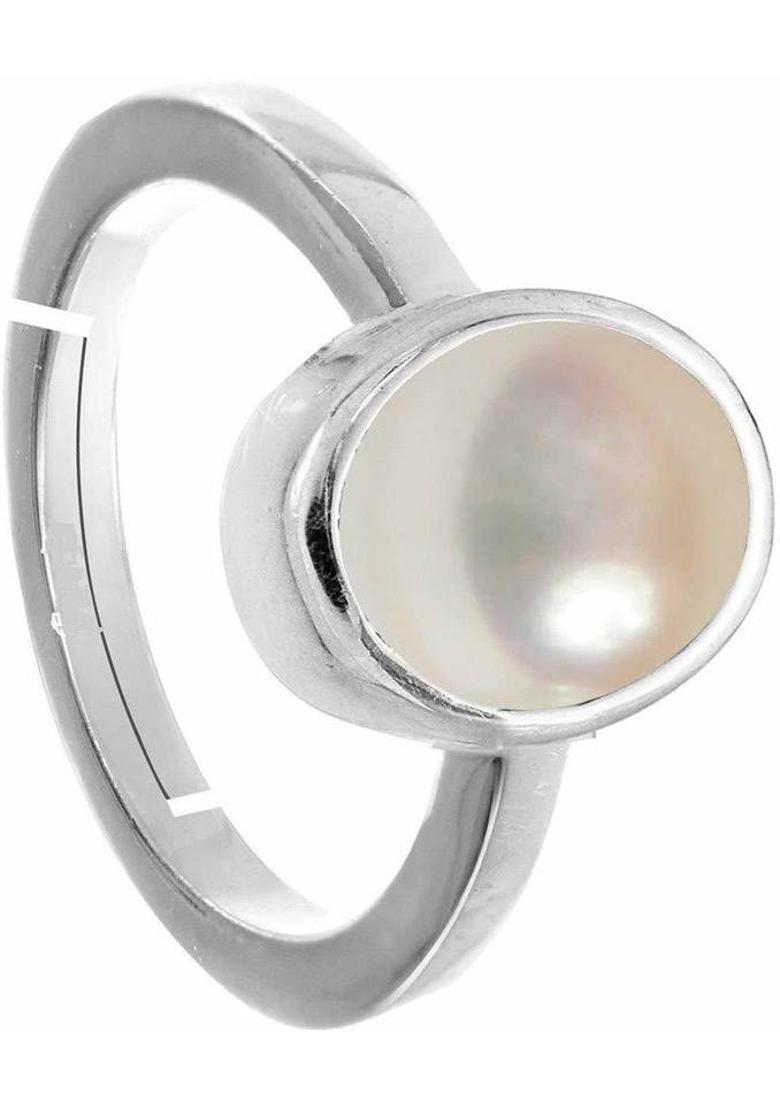 Certified Pearl Stone/Moti 5.25 Ratti 4.40 Carat Natural Round Shape Silver Ring Brass Pearl Silver Plated Ring - Indya