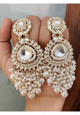 Plated Traditional Rajasthani Jewellery Large Earring Kundan White Diamond Alloy Jhumki Earring