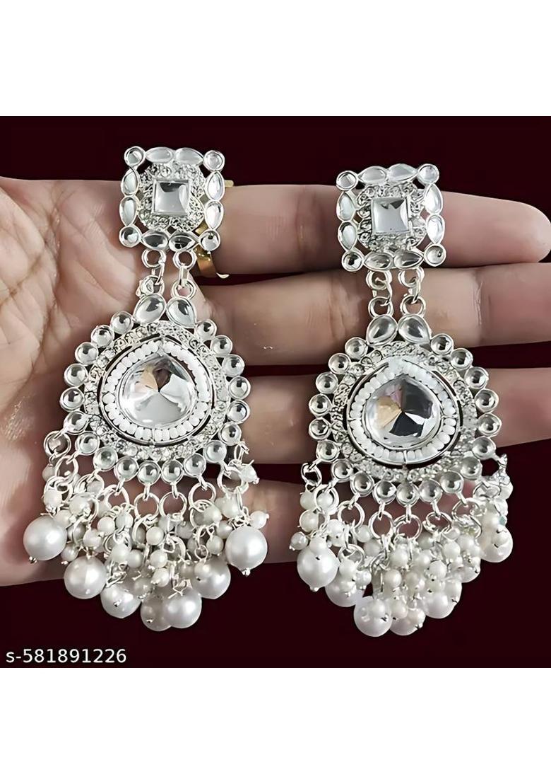 Plated Traditional Rajasthani Jewellery Large Earring Kundan White Diamond Alloy Jhumki Earring - Indya