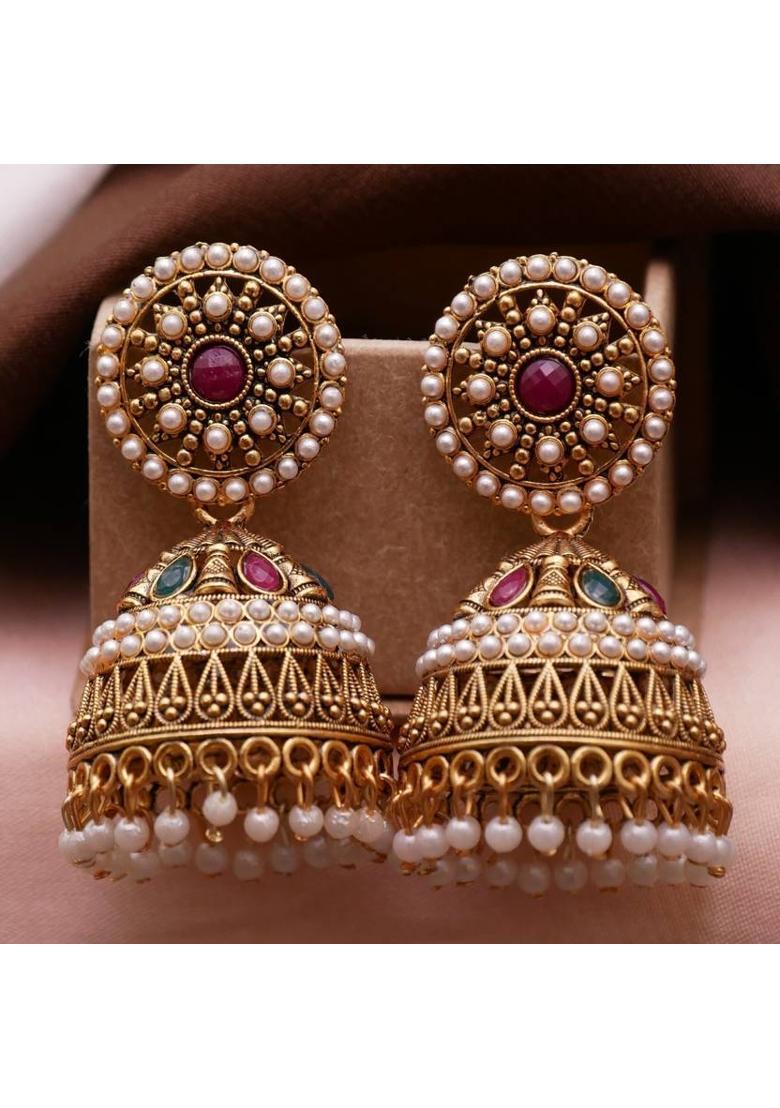 Traditional Ethnic Pearl Studded Oxidised Jhumka Jhumki Earrings for Girls Alloy Jhumki Earring - Indya