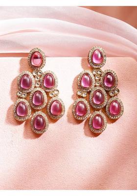 22K Gold-Plated Rose Pink Oval Stone & Cubic Zirconia Studded Chandelier Brass Chandbali Earring