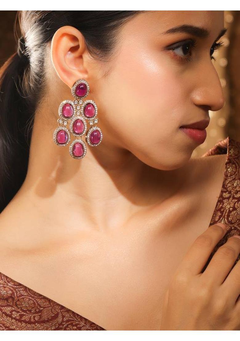 22K Gold-Plated Rose Pink Oval Stone & Cubic Zirconia Studded Chandelier Brass Chandbali Earring - Indya