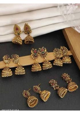 Gold-Plated Beaded Dome Shaped Antique Jhumkas Cubic Zirconia, Diamond, Opal Alloy, Brass Jhumki Earring