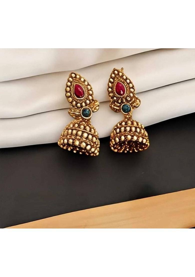 Gold-Plated Beaded Dome Shaped Antique Jhumkas Cubic Zirconia, Diamond, Opal Alloy, Brass Jhumki Earring - Indya