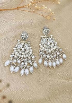gold plated pearl work white diamond traditional kundan Diamond Brass Jhumki Earring
