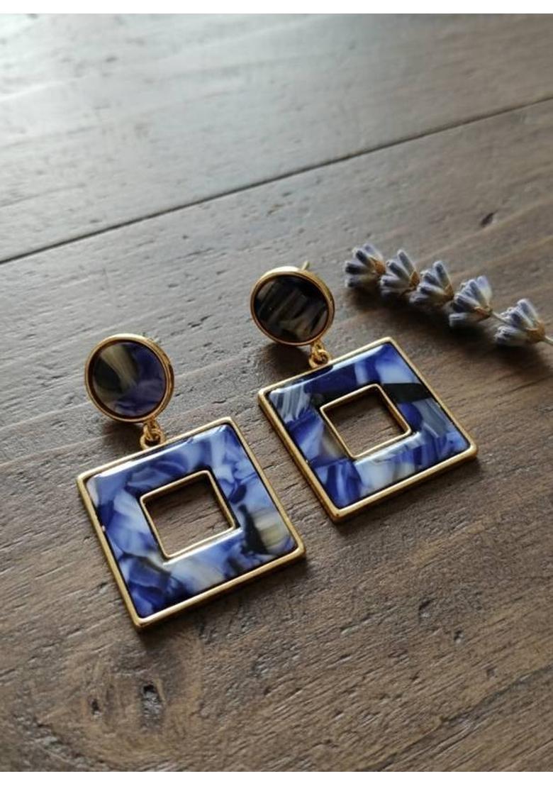 Blue Gemstone Geometric Drop Earrings for Women Alloy Drops & Danglers - Indya