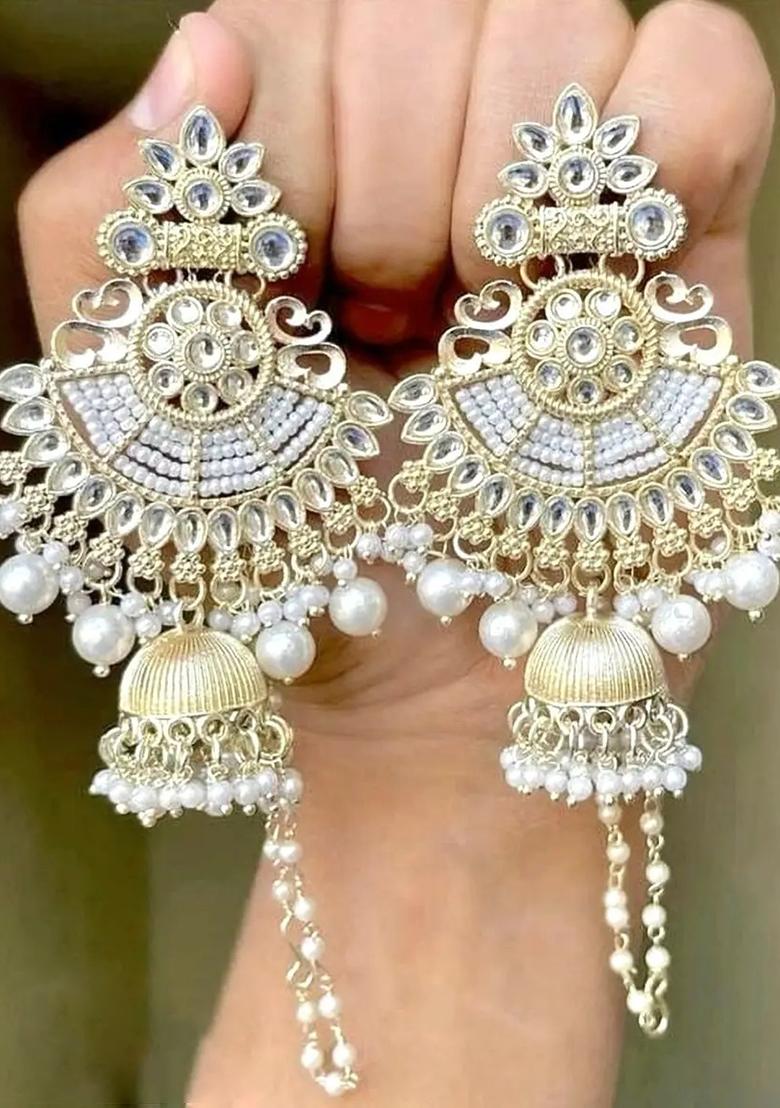 White Pearl Kundan Mirror Beads White Gold Plated Drop And Danglers Earrings Set Pearl, Beads Alloy Drops & Danglers, Chandbali Earring, Jhumki Earring, Earring Set - Indya