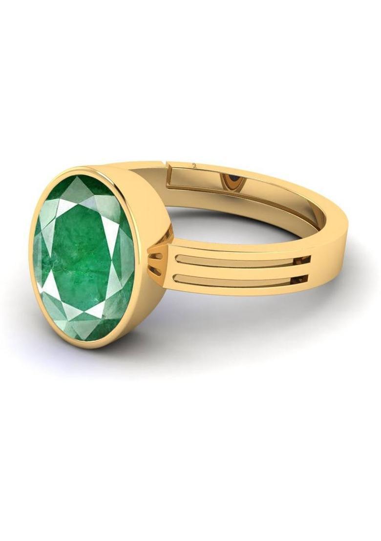 6.25 Ratti Created Emerald Panna Ring Panchdhatu Certified with lab Adjustable Stone, Brass Emerald Ring - Indya