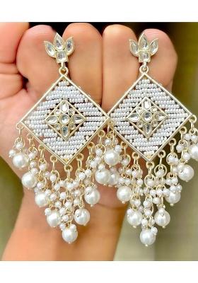 White Pearl Kundan Mirror Beads White Gold Plated Drop And Danglers Earrings Set Pearl, Beads, Moonstone Alloy Drops & Danglers, Chandbali Earring, Jhumki Earring, Ear Thread