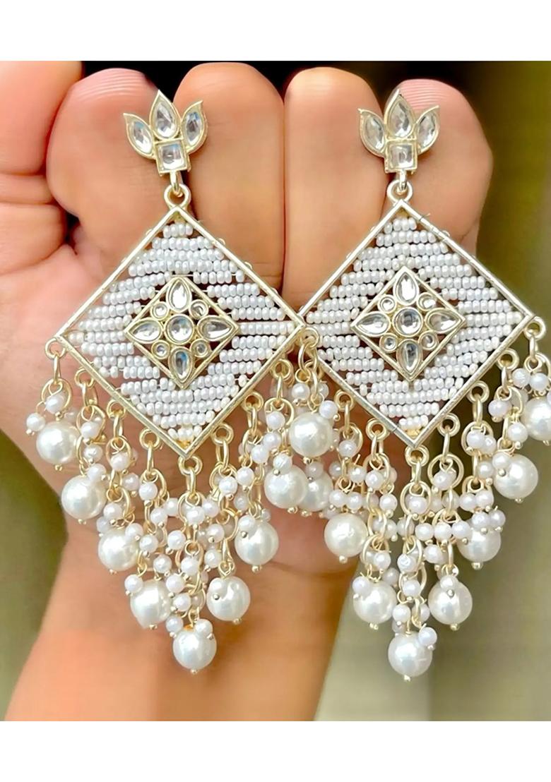 White Pearl Kundan Mirror Beads White Gold Plated Drop And Danglers Earrings Set Pearl, Beads, Moonstone Alloy Drops & Danglers, Chandbali Earring, Jhumki Earring, Ear Thread - Indya