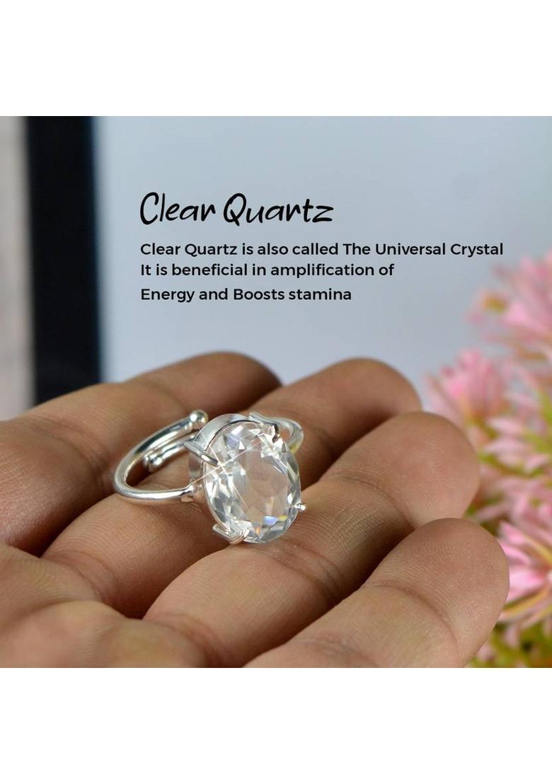Certified Natural Clear Quartz Gemstone Adjustable Ring for Unisex Crystal, Stone Quartz Ring - Indya